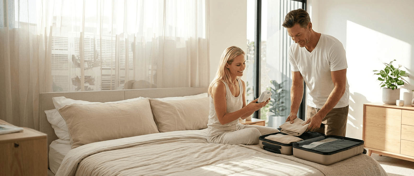 Couple in bedroom with sleep test device